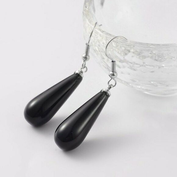 Hand Crafted Minimalist Teardrop Black Onyx Natural Gemstone Pendant Earrings - Picture 1 of 1